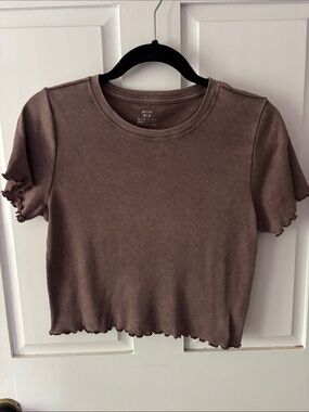 aerie Ribbed Lettuce-Edge Crop Top - Brown